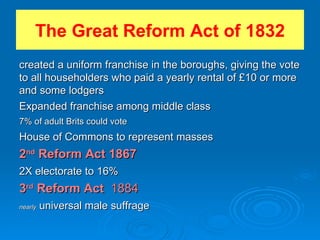 The Great Reform Act of 1832 created a uniform franchise in the boroughs, giving the vote to all householders who paid a yearly rental of £10 or more and some lodgers Expanded franchise among middle class 7% of adult Brits could vote House of Commons to represent masses  2 nd  Reform Act 1867 2X electorate to 16% 3 rd  Reform Act   1884 nearly  universal male suffrage 