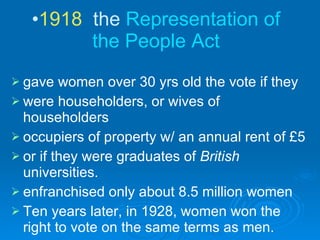 1918   the  Representation of the People Act gave women over 30 yrs old the vote if they  were householders, or wives of householders occupiers of property w/ an annual rent of £5  or if they were graduates of  British  universities. enfranchised only about 8.5 million women Ten years later, in 1928, women won the right to vote on the same terms as men. 