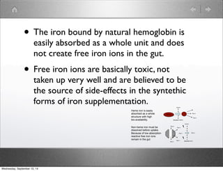 • The iron bound by natural hemoglobin is 
easily absorbed as a whole unit and does 
not create free iron ions in the gut. 
• Free iron ions are basically toxic, not 
taken up very well and are believed to be 
the source of side-effects in the syntethic 
forms of iron supplementation. 
Heme iron is easily 
absorbed as a whole 
structure with high 
bio-availability. 
Non-heme iron must be 
dissolved before uptake. 
Because of low absorption 
reactive free iron ions 
remain in the gut. 
Fe++ 
Fe++ 
Fe++ 
Fe++ 
Fe++ 
Fe++ 
Fe++ 
Fe++ 
absorption 2-4 % 
Intestine 
Fe++ 
absorption 15-20 % 
Intestine 
Wednesday, September 10, 14 
 