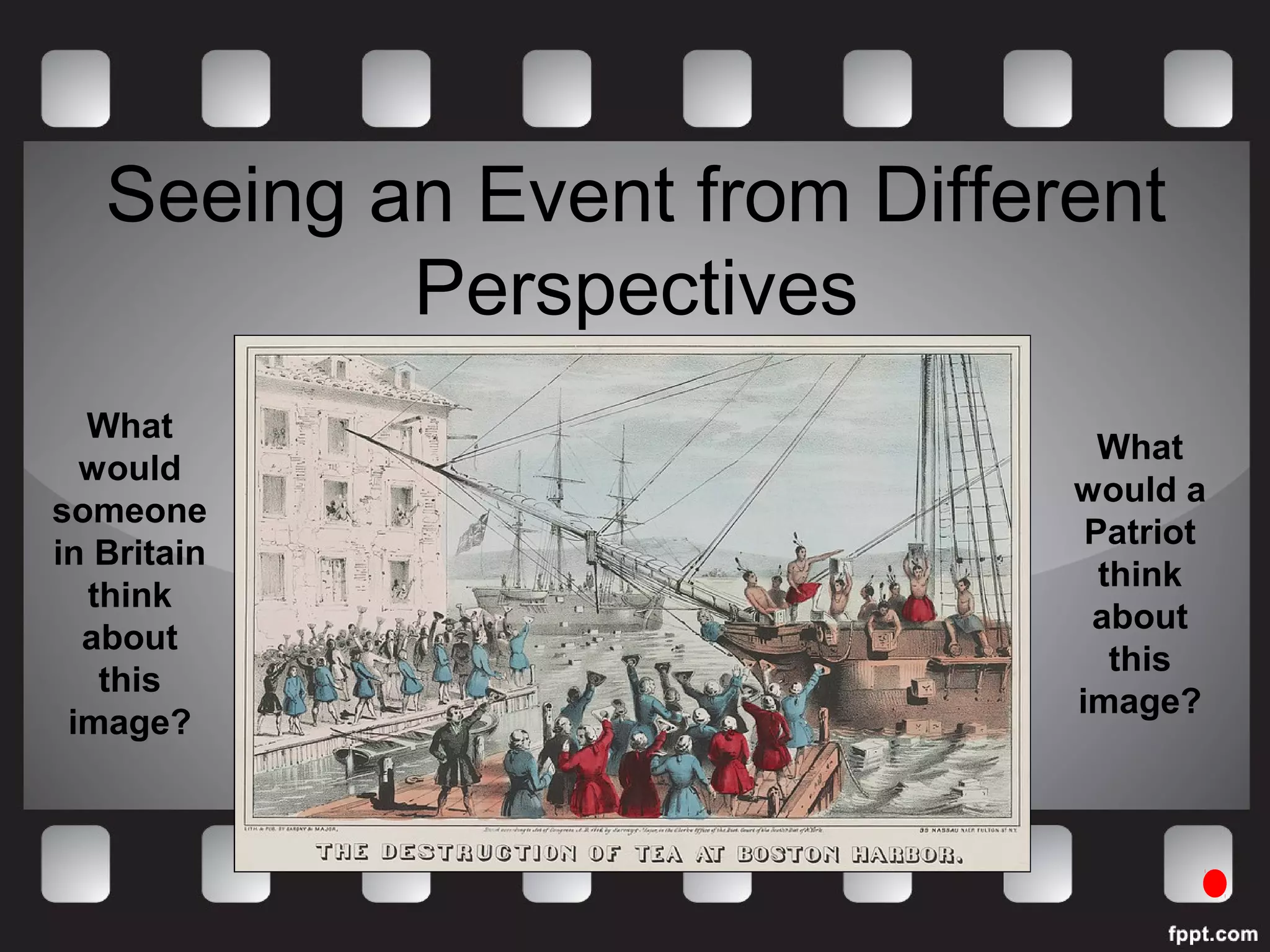 Seeing an Event from Different 
Perspectives 
What 
would 
someone 
in Britain 
think 
about 
this 
image? 
What 
would a 
Patriot 
think 
about 
this 
image? 
 