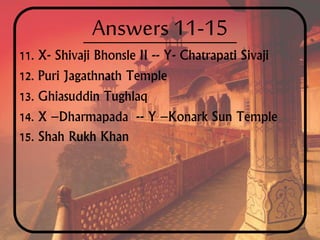 Answers 11-15
11. X- Shivaji Bhonsle II -- Y- Chatrapati Sivaji
12. Puri Jagathnath Temple
13. Ghiasuddin Tughlaq
14. X –Dharmapada -- Y –Konark Sun Temple
15. Shah Rukh Khan
 