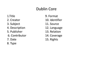 Dublin Core
1.Title
2. Creator
3. Subject
4. Description
5. Publisher
6. Contributor
7. Date
8. Type

9. Format
10. Identifier
11. Source
12. Language
13. Relation
14. Coverage
15. Rights

 