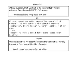 Manuscript
Without question, Prof. Cantwell is the world’s BEST history
instructor. Every lectur @#$%^&*~`of my day.
I wish I could take every class with him!
TEI
Without question,<abbr expan=“Professor”>Prof.
Cantwell is the world’s <b>BEST</b> history
instructor. Every lectur </del=[illegible]> of my
day.
</br>
<nbsp><i>I wish I could take every class with
him!<i/>
Display

Without question, Professor Cantwell is the world’s BEST history
instructor. Every lectur [illegible] of my day.
I wish I could take every class with him!

 