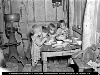 Christmas dinner in home of Earl Pauley. Iowa. Dinner consisted of potatoes, cabbage and pie, December 1936.
 