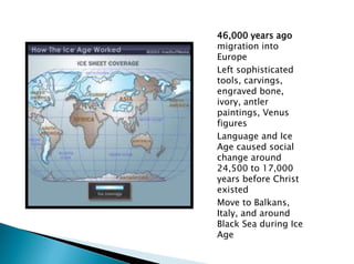 46,000 years ago
migration into
Europe
Left sophisticated
tools, carvings,
engraved bone,
ivory, antler
paintings, Venus
figures
Language and Ice
Age caused social
change around
24,500 to 17,000
years before Christ
existed
Move to Balkans,
Italy, and around
Black Sea during Ice
Age
 