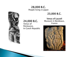 28,000 B.C.
People living in Japan
24,000 B.C.
Venus of
Petrkovice.
In Czech Republic
23,000 B.C.
Venus of Lausell
Museum in Bordeaux,
France
 