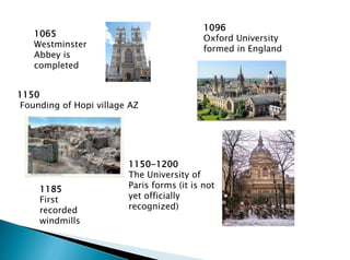 1065
Westminster
Abbey is
completed
1150-1200
The University of
Paris forms (it is not
yet officially
recognized)
1185
First
recorded
windmills
1096
Oxford University
formed in England
1150
Founding of Hopi village AZ
 
