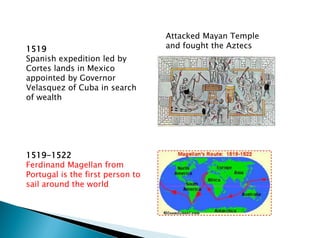 Attacked Mayan Temple
and fought the Aztecs1519
Spanish expedition led by
Cortes lands in Mexico
appointed by Governor
Velasquez of Cuba in search
of wealth
1519-1522
Ferdinand Magellan from
Portugal is the first person to
sail around the world
 
