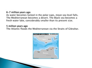 6-7 million years ago
As water becomes locked in the polar caps, mean sea level falls.
The Mediterranean becomes a desert. The Black sea becomes a
fresh water lake, considerably smaller than its present size.
5 million years ago
The Atlantic floods the Mediterranean via the Straits of Gibraltar.
 