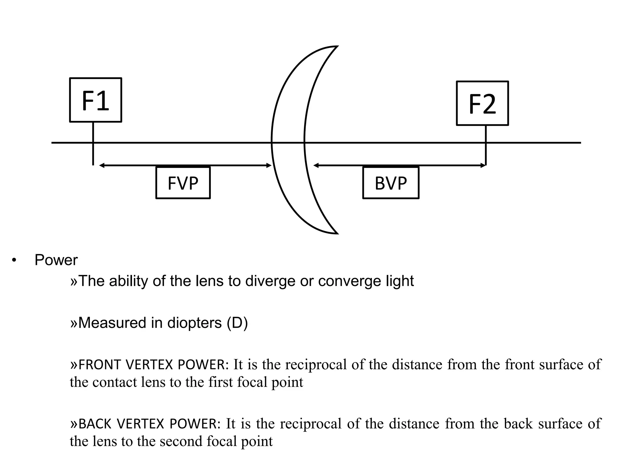 • Power
»The ability of the lens to diverge or converge light
»Measured in diopters (D)
»FRONT VERTEX POWER: It is the reciprocal of the distance from the front surface of
the contact lens to the first focal point
»BACK VERTEX POWER: It is the reciprocal of the distance from the back surface of
the lens to the second focal point
FVP BVP
F1 F2
 