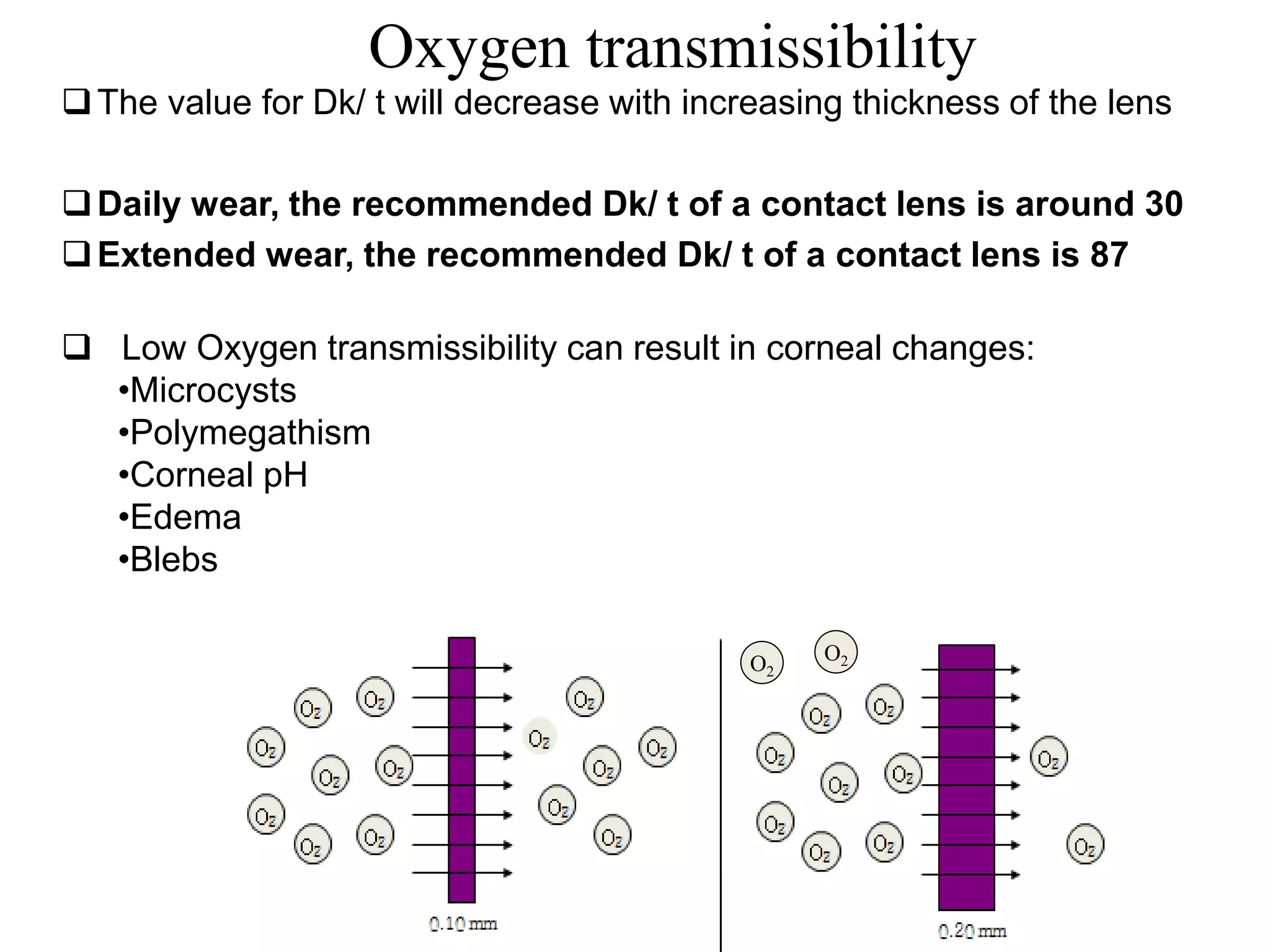 Oxygen transmissibility
The value for Dk/ t will decrease with increasing thickness of the lens
Daily wear, the recommended Dk/ t of a contact lens is around 30
Extended wear, the recommended Dk/ t of a contact lens is 87
 Low Oxygen transmissibility can result in corneal changes:
•Microcysts
•Polymegathism
•Corneal pH
•Edema
•Blebs
O2
O2
 
