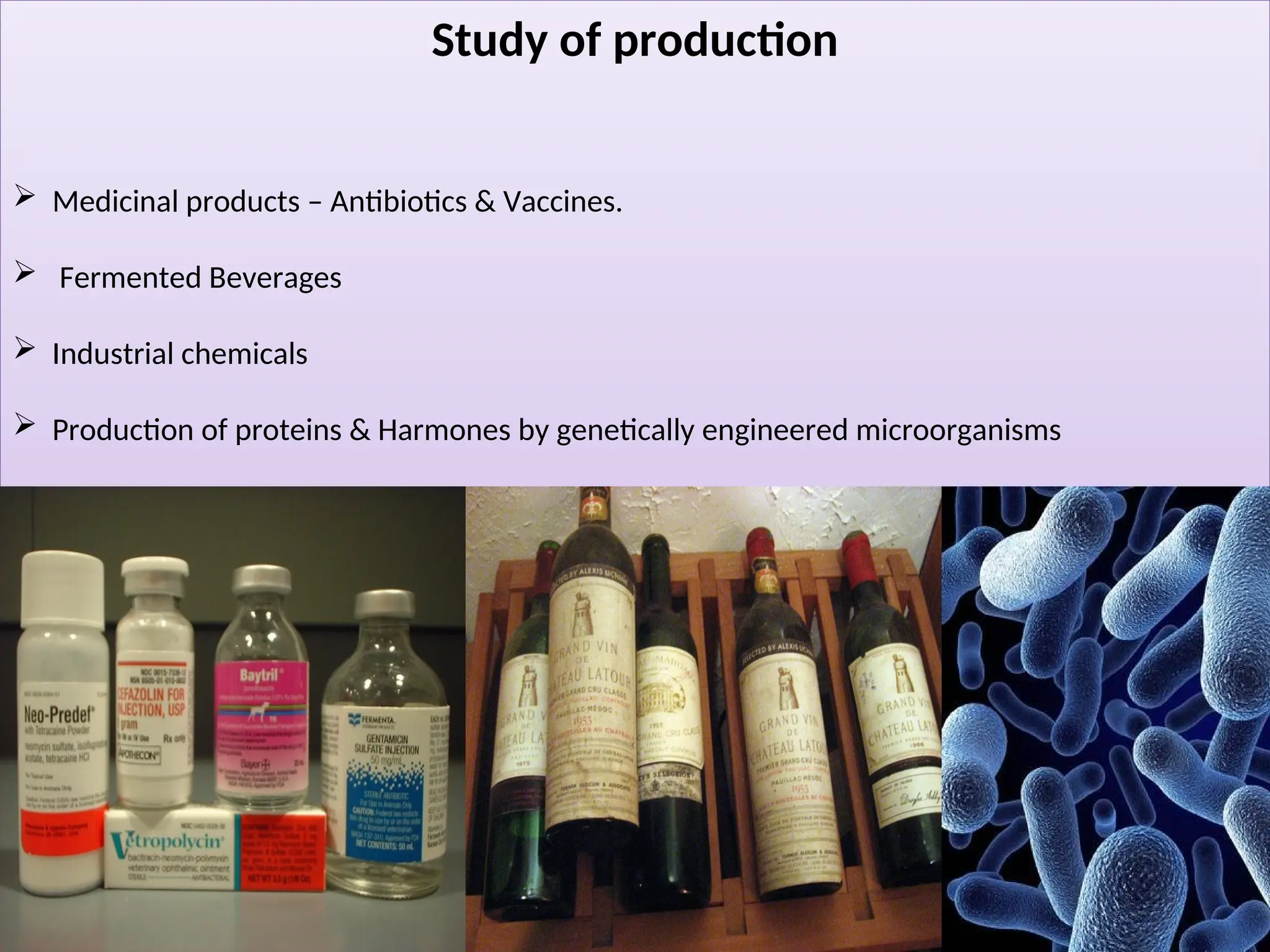 Study of production
 Medicinal products – Antibiotics & Vaccines.
 Fermented Beverages
 Industrial chemicals
 Production of proteins & Harmones by genetically engineered microorganisms
 
