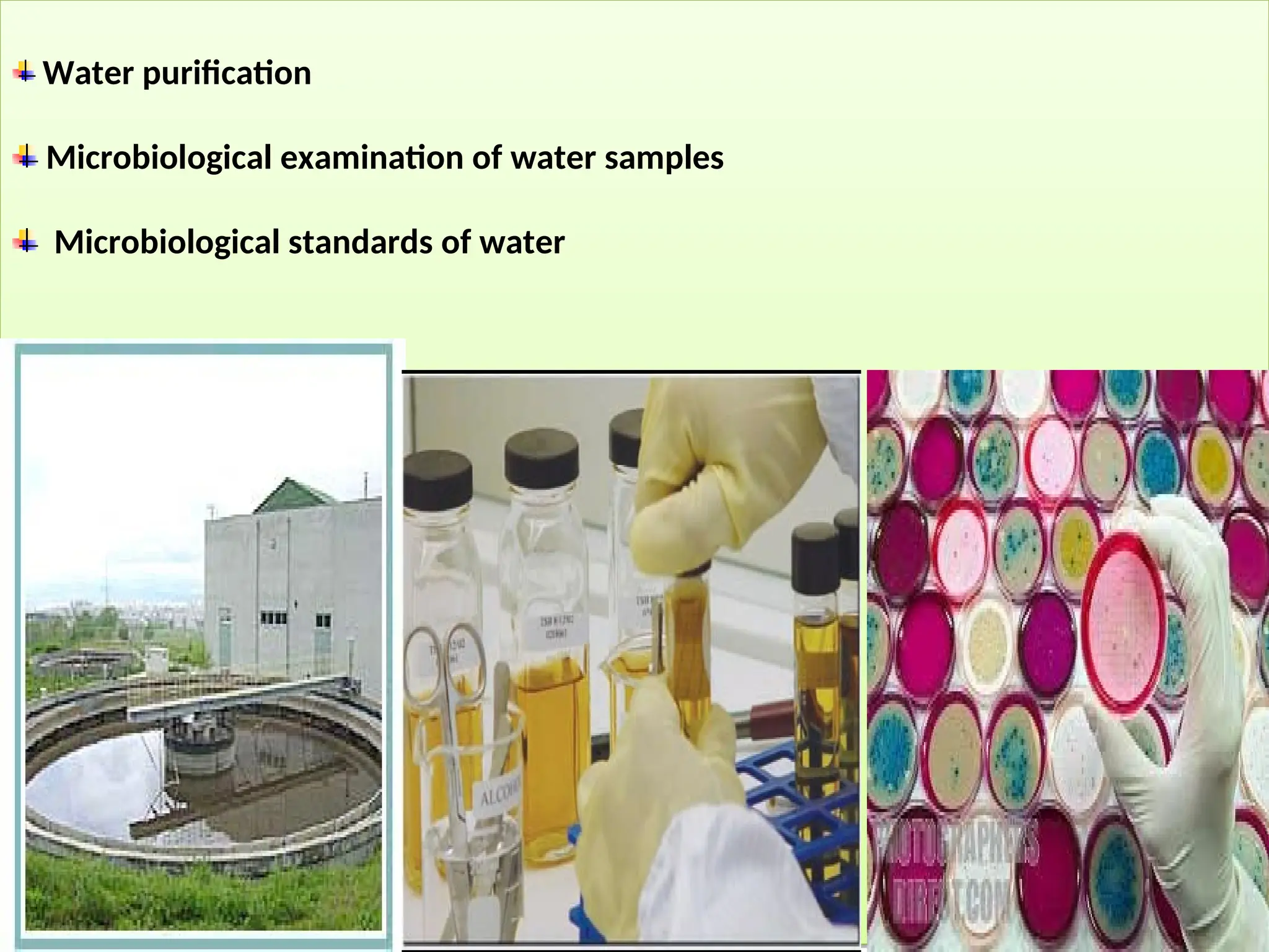 Water purification
Microbiological examination of water samples
Microbiological standards of water
 