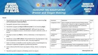 Reminders
Pamantayan Paglalarawan Puntos
1. Kaugnayan sa Tema Lubos na naipakita ang mensahe ng temang "Hinubog ng Bayan, Dinuyan ng Alon." Ang
poster at slogan ay nagpapakita ng malalim na pag-unawa sa kamalayang pangkasaysayan, pambansang
pagkakakilanlan, at lokal na kasaysayan. 30
Pagkamalikhain at Orihinalidad Natatangi ang konsepto, makabago ang presentasyon, at nagpapakita ng mataas
antas ng pagkamalikhain. Ang lahat ng elemento ay sariling likha ng kalahok. 25
3. Nilalaman at Mensahe Makabuluhan, tumpak, at malinaw ang mensahe ng poster at slogan. Naipakita ang
kahalagahan ng kasaysayan at ang kaugnayan nito sa kasalukuyan. 20
Kalidad ng Disenyo at Teknikal na Presentasyon Mahusay ang paggamit ng kulay, simbolismo, espasyo, balanse,
iba pang elemento ng sining. Malinis at kaaya-ayang tingnan ang kabuuang presentasyon. 15
Kalinisan at Kaayusan Malinis ang pagkakagawa, maayos ang pagkakakulay, at walang anumang marka o depek
na nakaaapekto sa kabuuang kalidad ng output. 10
IGINUHIT NG KASAYSAYAN
(Poster and Slogan Making)
Panuto
1. Ang patimpalak ay bukas sa lahat ng mag-aaral na kumukuha ng asignaturang Pag-
aaral ng Kasaysayan at Lipunang Pilipino.
2. Papangkatin ang bawat klase sa limang grupo.
3. Ang kalahok ay gagawa ng isang (1) orihinal na poster na may kasamang slogan.
4. Ang poster ay iguguhit sa ½ illustration board (20" × 30") gamit ang anumang
tradisyunal na pangkulay (crayons, colored pencils, oil pastel, watercolor, acrylic, at
iba pa).
5. Ang slogan ay dapat nasa Filipino, malinaw, makahulugan, at may kaugnayan sa
tema.
6. Ang disenyo ay dapat 100% orihinal. Hindi pinahihintulutan ang pangongopya o pag-
trace ng mga larawan mula sa internet, aklat, o iba pang sanggunian.
7. Dapat na malinaw na maipakita sa poster ang diwa ng tema at ang kahalagahan ng
kasaysayan sa paghubog ng pagkatao at pambansang identidad.
8. Isulat sa likod ng illustration board ang pangalan, baitang, seksyon, at pamagat ng
likha.
9. Ang lahat ng output ay ipapasa sa itinakdang araw at oras ng guro.
Pamantayan Paglalarawan Puntos
1. Kaugnayan sa Tema Lubos na naipakita ang mensahe ng temang "Hinubog ng Bayan,
Dinuyan ng Alon." Ang poster at slogan ay nagpapakita ng malalim
na pag-unawa sa kamalayang pangkasaysayan, pambansang
pagkakakilanlan, at lokal na kasaysayan.
30
2. Pagkamalikhain at
Orihinalidad
Natatangi ang konsepto, makabago ang presentasyon, at
nagpapakita ng mataas na antas ng pagkamalikhain. Ang lahat ng
elemento ay sariling likha ng kalahok.
25
3. Nilalaman at
Mensahe
Makabuluhan, tumpak, at malinaw ang mensahe ng poster at
slogan. Naipakita ang kahalagahan ng kasaysayan at ang
kaugnayan nito sa kasalukuyan.
20
4. Kalidad ng Disenyo
at Teknikal na
Presentasyon
Mahusay ang paggamit ng kulay, simbolismo, espasyo, balanse, at
iba pang elemento ng sining.Malinis at kaaya-ayang tingnan ang
kabuuang presentasyon.
15
5. Kalinisan at
Kaayusan
Malinis ang pagkakagawa, maayos ang pagkakakulay, at walang
anumang marka o depekto na nakaaapekto sa kabuuang kalidad
ng output.
10
Kabuuang Puntos: 100
 