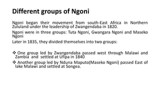 Different groups of Ngoni
Ngoni began their movement from south-East Africa in Northern
Zululand under the leadership of Zwangendaba in 1820.
Ngoni were in three groups: Tuta Ngoni, Gwangara Ngoni and Maseko
Ngoni
Later in 1835, they divided themselves into two groups:
❖ One group led by Zwangendaba passed west through Malawi and
Zambia and settled at Ufipa in 1840
❖ Another group led by Nduna Maputo(Maseko Ngoni) passed East of
lake Malawi and settled at Songea.
 
