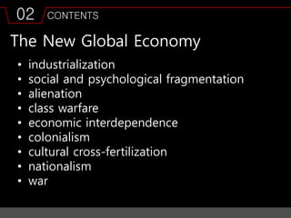 02 CONTENTS
The New Global Economy
• industrialization
• social and psychological fragmentation
• alienation
• class warfare
• economic interdependence
• colonialism
• cultural cross-fertilization
• nationalism
• war
 