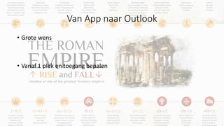 Van App naar Outlook
• Grote wens
• Vanaf 1 plek en toegang bepalen
 