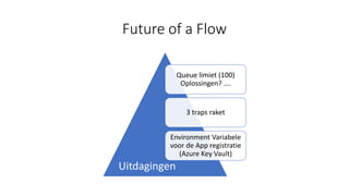 Future of a Flow
Queue limiet (100)
Oplossingen? ….
3 traps raket
Environment Variabele
voor de App registratie
(Azure Key Vault)
Uitdagingen
 