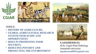 TOPICS:
• HISTORY OF AGRICULTURE,
• GLOBALAGRICULTURAL RESEARCH
SYSTEM NEED SCOPE AND
OPPORTUNITES
• ROLE IN PROMOTING FOOD
SECURITY,
• REDUCING POVERTY AND
PROTECTING THE ENVIRONMENT
V.AJAYDESOUZA
M.Sc. (Agri) Plant Pathology
Annamalai university
ajaydesouza0003@gmail.com
 