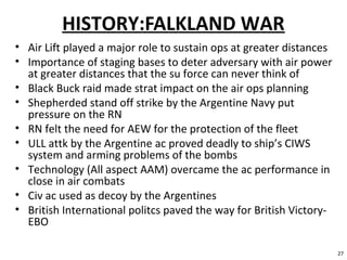 HISTORY:FALKLAND WAR
• Air Lift played a major role to sustain ops at greater distances
• Importance of staging bases to deter adversary with air power
at greater distances that the su force can never think of
• Black Buck raid made strat impact on the air ops planning
• Shepherded stand off strike by the Argentine Navy put
pressure on the RN
• RN felt the need for AEW for the protection of the fleet
• ULL attk by the Argentine ac proved deadly to ship’s CIWS
system and arming problems of the bombs
• Technology (All aspect AAM) overcame the ac performance in
close in air combats
• Civ ac used as decoy by the Argentines
• British International politcs paved the way for British Victory-
EBO
27
 