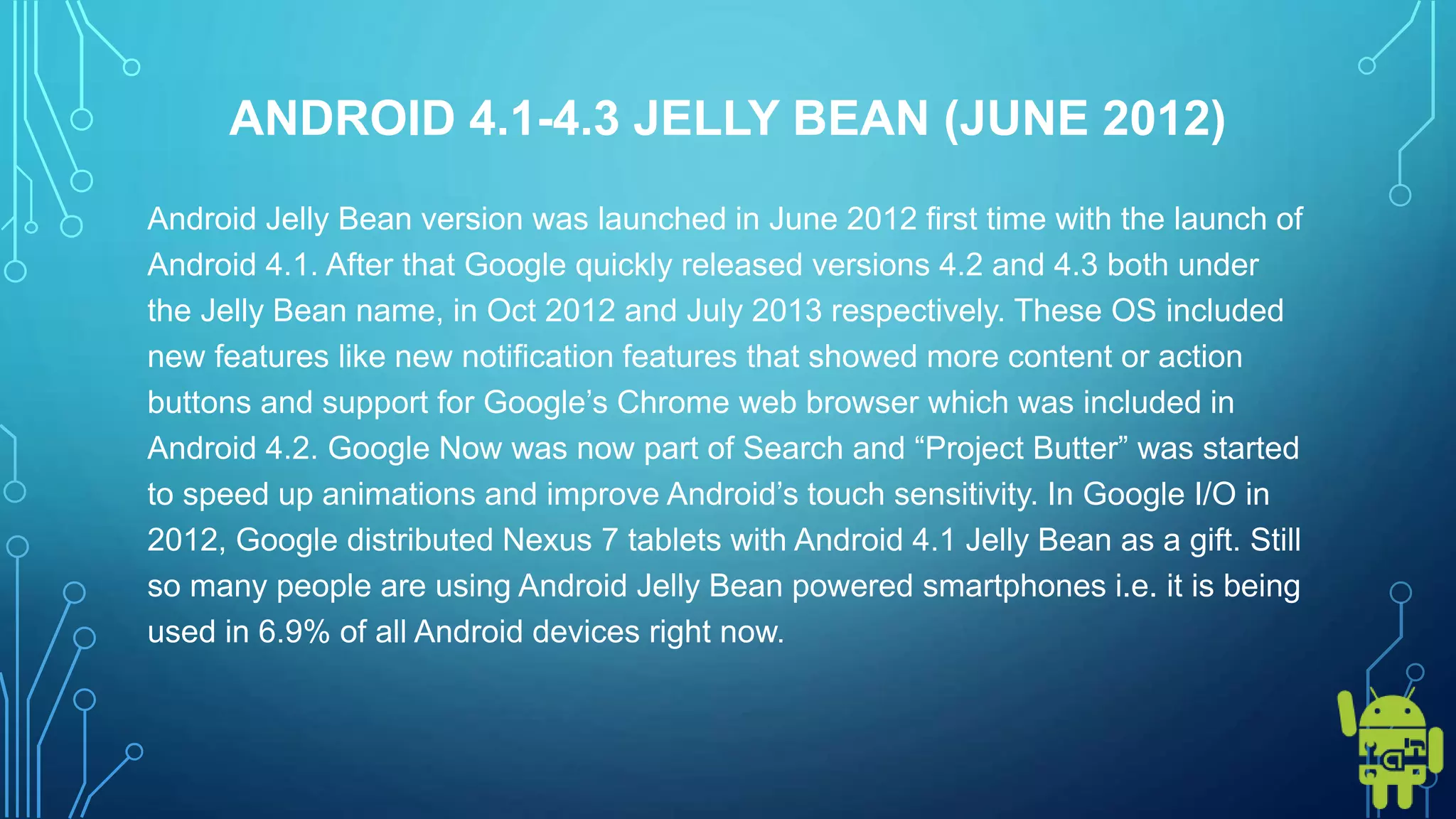ANDROID 4.1-4.3 JELLY BEAN (JUNE 2012)
Android Jelly Bean version was launched in June 2012 first time with the launch of
Android 4.1. After that Google quickly released versions 4.2 and 4.3 both under
the Jelly Bean name, in Oct 2012 and July 2013 respectively. These OS included
new features like new notification features that showed more content or action
buttons and support for Google’s Chrome web browser which was included in
Android 4.2. Google Now was now part of Search and “Project Butter” was started
to speed up animations and improve Android’s touch sensitivity. In Google I/O in
2012, Google distributed Nexus 7 tablets with Android 4.1 Jelly Bean as a gift. Still
so many people are using Android Jelly Bean powered smartphones i.e. it is being
used in 6.9% of all Android devices right now.
 