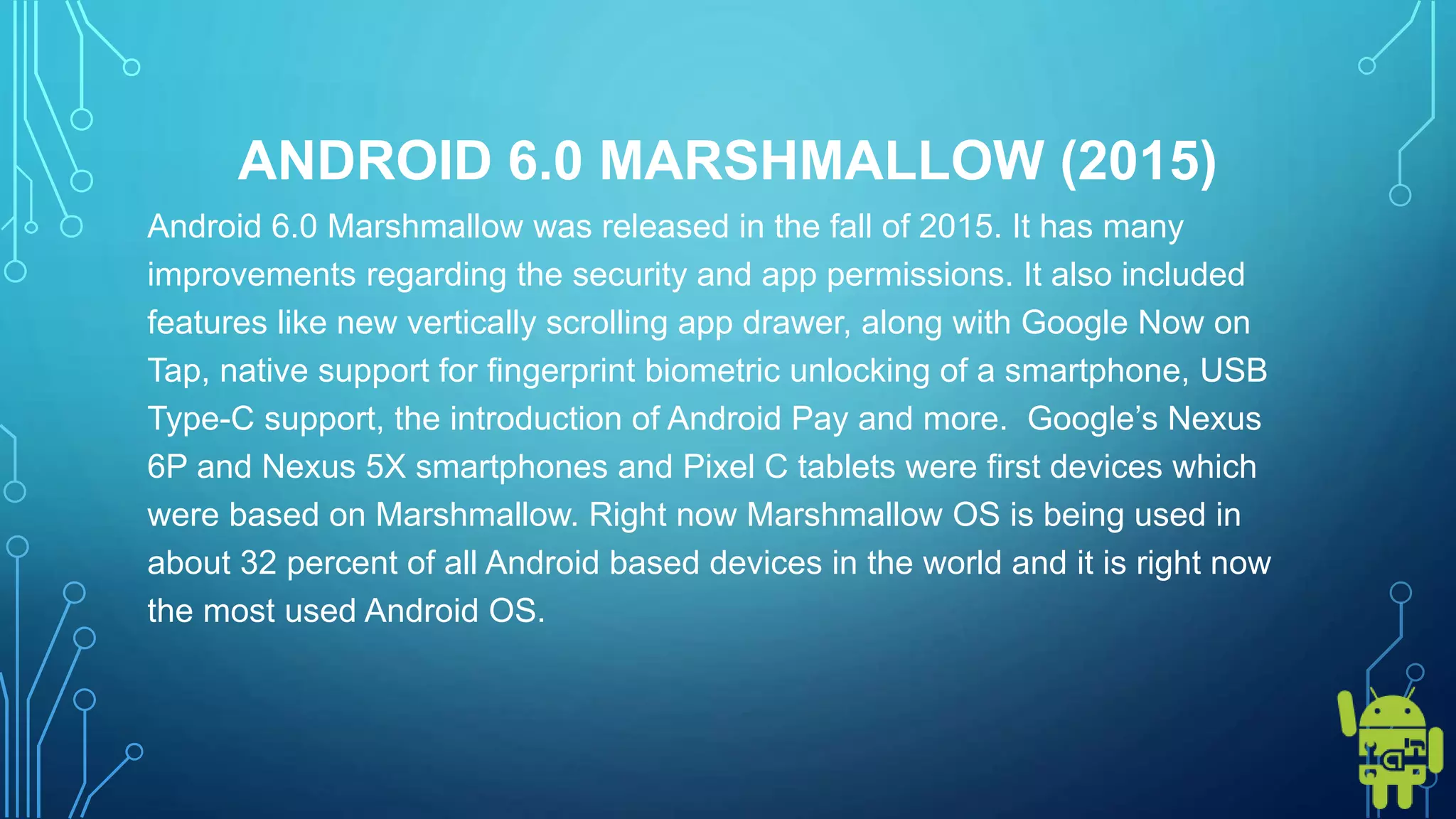 ANDROID 6.0 MARSHMALLOW (2015)
Android 6.0 Marshmallow was released in the fall of 2015. It has many
improvements regarding the security and app permissions. It also included
features like new vertically scrolling app drawer, along with Google Now on
Tap, native support for fingerprint biometric unlocking of a smartphone, USB
Type-C support, the introduction of Android Pay and more. Google’s Nexus
6P and Nexus 5X smartphones and Pixel C tablets were first devices which
were based on Marshmallow. Right now Marshmallow OS is being used in
about 32 percent of all Android based devices in the world and it is right now
the most used Android OS.
 