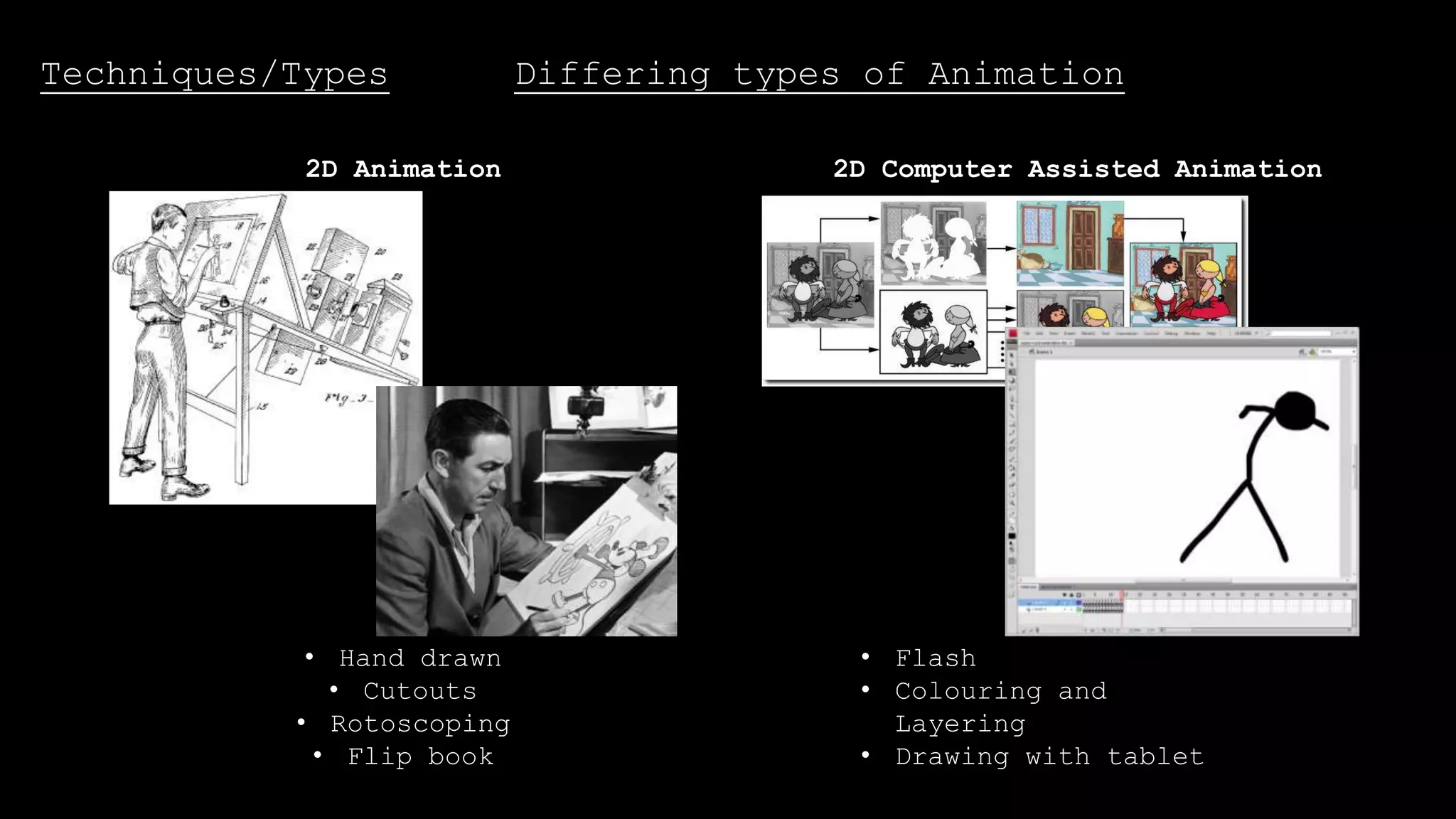 Techniques/Types Differing types of Animation
2D Animation
• Hand drawn
• Cutouts
• Rotoscoping
• Flip book
2D Computer Assisted Animation
• Flash
• Colouring and
Layering
• Drawing with tablet
 