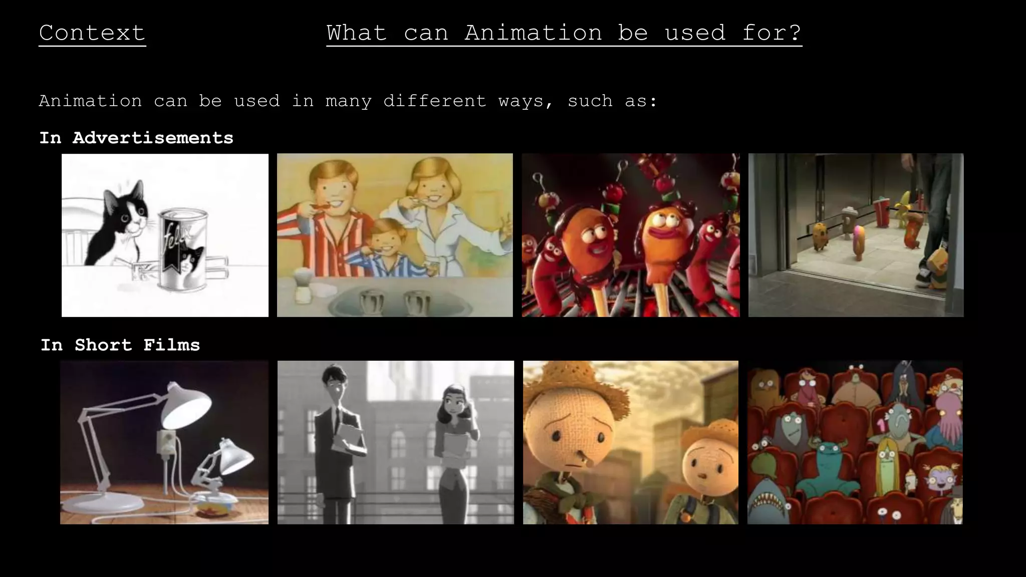 Context What can Animation be used for?
Animation can be used in many different ways, such as:
In Movies
In Games
In Advertisements
In Short Films
 