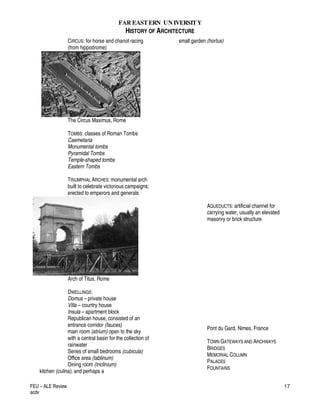 FAR EASTERN UN IVERSITY
HISTORY OF ARCHITECTURE
FEU – ALE Review
acdv
17
CIRCUS: for horse and chariot racing
(from hippodrome)
The Circus Maximus, Rome
TOMBS: classes of Roman Tombs
Caemetaria
Monumental tombs
Pyramidal Tombs
Temple-shaped tombs
Eastern Tombs
TRIUMPHAL ARCHES: monumental arch
built to celebrate victorious campaigns;
erected to emperors and generals
Arch of Titus, Rome
DWELLINGS:
Domus – private house
Villa – country house
Insula – apartment block
Republican house, consisted of an
entrance corridor (fauces)
main room (atrium) open to the sky
with a central basin for the collection of
rainwater
Series of small bedrooms (cubicula)
Office area (tablinum)
Dining room (triclinium)
kitchen (culina), and perhaps a
small garden (hortus)
AQUEDUCTS: artificial channel for
carrying water, usually an elevated
masonry or brick structure
Pont du Gard, Nimes, France
TOWN GATEWAYS AND ARCHWAYS
BRIDGES
MEMORIAL COLUMN
PALACES
FOUNTAINS
 