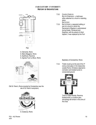 FAR EASTERN UN IVERSITY
HISTORY OF ARCHITECTURE
FEU – ALE Review
acdv
19
Plan
S. Clemente, Rome
S. Maria Maggiore, Rome
S. Apollinare, Ravenna
S. Agnese Fuori Le Mura, Rome
Old St. Peter’s, Rome (erected by Constantine near the
site of St. Peter’s martyrdom)
S. Costanza, Rome
7.3.2. CHURCH COMPLEX
BELFRY/CAMPANILE – a bell tower,
either attached to a church or standing
alone
BAPTISTERY
7.3.3. BAPTISTERIES: a separate building or
part of a church in which the
Sacrament of Baptism is administered
during Easter, Pentecost and
Epiphany; with the advent of infant
baptism, it was replaced by the Font
Baptistery of Constantine, Rome
7.3.4. TOMBS: burial up to the end of the 4th
century took place in the Catacombs
outside Rome; Christians objected to
cremation and insisted burial on
consecrated ground
Tomb of Galla Placidia, Ravenna
Earliest tomb in cruciform plan;
sarcophagi still remain in the arms of
the cross
 