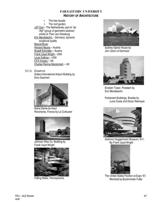 FAR EASTERN UN IVERSITY
HISTORY OF ARCHITECTURE
FEU – ALE Review
acdv
47
• The free facade
• The roof garden
JJP Oud – The Netherlands; part of “de
Stijl” (group of geometric-abstract
artists of Theo van Doesburg
Eric Mendelsohn, - Germany; dynamic
sculptural quality
Marcel Bruer
Richard Neutra – Austria
Rudolf Schindler – Austria
Frank Lloyd Wright – USA
Louis Sullivan – USA
CFA Voysey – UK
Charles Rennie Mackintosh – UK
13.1.3. EXAMPLES
Dulles International Airport Building by
Eero Saarinen
Notre-Dame-du-Haut
Ronchamp, France by Le Corbusier
Johnson Wax Co. Building by
Frank Lloyd Wright
Falling Water, Pennsylvania
Sydney Opera House by
Jorn Utzon of Denmark
Einstein Tower, Potsdam by
Eric Mendelsohn
Parliament Buildings, Brasilia by
Lucio Costa and Oscar Niemeyer
Solomon Guggenheim Museum, N.Y.
By Frank Lloyd Wright
The United States Pavilion at Expo ’67,
Montreal by Buckminster Fuller
 