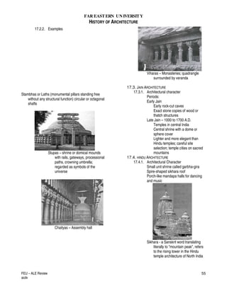 FAR EASTERN UN IVERSITY
HISTORY OF ARCHITECTURE
FEU – ALE Review
acdv
55
17.2.2. Examples
Stambhas or Laths (monumental pillars standing free
without any structural function) circular or octagonal
shafts
Stupas – shrine or domical mounds
with rails, gateways, processional
paths, crowning umbrella;
regarded as symbols of the
universe
Chaityas – Assembly hall
Viharas – Monasteries; quadrangle
surrounded by veranda
17.3. JAIN ARCHITECTURE
17.3.1. Architectural character
Periods:
Early Jain
Early rock-cut caves
Exact stone copies of wood or
thatch structures
Late Jain – 1000 to 1700 A.D.
Temples in central India
Central shrine with a dome or
sphere cover
Lighter and more elegant than
Hindu temples; careful site
selection; temple cities on sacred
mountains
17.4. HINDU ARCHITECTURE
17.4.1. Architectural Character
Small unit shrine called garbha-gira
Spire-shaped sikhara roof
Porch-like mandapa halls for dancing
and music
Sikhara - a Sanskrit word translating
literally to "mountain peak", refers
to the rising tower in the Hindu
temple architecture of North India
 