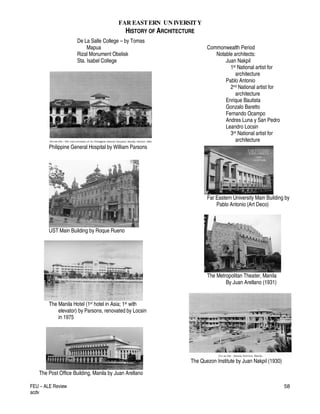 FAR EASTERN UN IVERSITY
HISTORY OF ARCHITECTURE
FEU – ALE Review
acdv
58
De La Salle College – by Tomas
Mapua
Rizal Monument Obelisk
Sta. Isabel College
Philippine General Hospital by William Parsons
UST Main Building by Roque Rueno
The Manila Hotel (1st hotel in Asia; 1st with
elevator) by Parsons, renovated by Locsin
in 1975
The Post Office Building, Manila by Juan Arellano
Commonwealth Period
Notable architects:
Juan Nakpil
1st National artist for
architecture
Pablo Antonio
2nd National artist for
architecture
Enrique Bautista
Gonzalo Baretto
Fernando Ocampo
Andres Luna y San Pedro
Leandro Locsin
3rd National artist for
architecture
Far Eastern University Main Building by
Pablo Antonio (Art Deco)
The Metropolitan Theater, Manila
By Juan Arellano (1931)
The Quezon Institute by Juan Nakpil (1930)
 