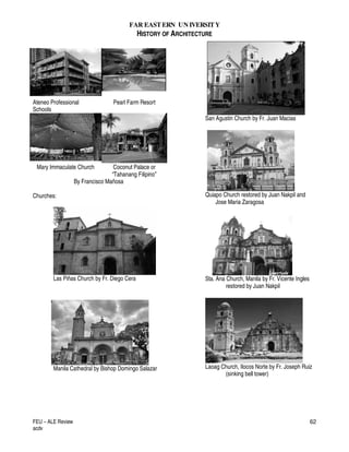 FAR EASTERN UN IVERSITY
HISTORY OF ARCHITECTURE
FEU – ALE Review
acdv
62
Ateneo Professional
Schools
Pearl Farm Resort
Mary Immaculate Church Coconut Palace or
“Tahanang Filipino”
By Francisco Mañosa
Churches:
Las Piñas Church by Fr. Diego Cera
Manila Cathedral by Bishop Domingo Salazar
San Agustin Church by Fr. Juan Macias
Quiapo Church restored by Juan Nakpil and
Jose Maria Zaragosa
Sta. Ana Church, Manila by Fr. Vicente Ingles
restored by Juan Nakpil
Laoag Church, Ilocos Norte by Fr. Joseph Ruiz
(sinking bell tower)
 
