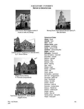 FAR EASTERN UN IVERSITY
HISTORY OF ARCHITECTURE
FEU – ALE Review
acdv
63
Loboc Church, Bohol (biggest number of
murals on walls and ceilings)
Calasiao Church, Pangasinan (2nd best bell tower)
by Fr. Ramon Dalinao
Miagao Church, Iloilo by
Fr. Fernando Comporedondo
Taal Church, Batangas by Fr. Martin Aguirre
(biggest church)
Morong Church, Rizal (Spanish Baroque style by Fr.
Blas dela Madre
VERNACULAR TERMS:
Abang – dowel
Alahado – flush
Alero – eaves
Alulod o kanal – gutter
Andanyo – scaffolding
Asinta – laying of CHB
Asolehos – wainscoating tiles
Bagad – wall post
Balangkas – framework
Baral de Kadena – chain bolt
Barandillas – baluster
Batidura – astragal
Batidura – fillet
Baytang – tread
Biento – spacing
Biga – beam
Bisagra –hinge
Bolado – projection
Caida – hall
Canal – groove
De Bandeha – panel door
Dish rack – bangguerahan
Dos aguas – gable roof
Dotal – floorboards
Dulang – low table
Dutcha – shower
Escombro – earth fill
Escondro – crushed stone
Estanyo – Nikolite bar
Estanyo – soldering bar
Estopa – oakum
Guililan – floor sill
Hamba pintuan – door jamb
Haspe – wood grain
 