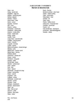FAR EASTERN UN IVERSITY
HISTORY OF ARCHITECTURE
FEU – ALE Review
acdv
64
Hiero – iron
Hulog – plumb bob
Kaballete – ridge roll
Kabilya – reinforcing bars
Kalinya –aligned
Kantero – mason
Kanto mesa – miter
Kanto – corner
Kapatas – foreman
Kilo – truss
Kisame – ceiling
Kontratista – constructor
Kostilyahe – ceiling joists
Kostura – mortar joints
Krokis – sketch plan
Kuling – girder
Ladrillo – brick
Larga masa – concrete slab
Lastillas – sand & gravel
Latero – tinsmith
Lingueta – GI strap
Liyabe – anchor
Madre de Escalera – closed stringer
Masilya – putty
Media Cana – quarter round
Medya Agua – awning
Palitada, plaster
Pasamano – window sill
Paupo – mortar
Pendulum – king post
Pergola – trellis
Pie de Gallo - brace
Pilarete – vertical stud
Pitsa – washer
Piye – feet
Piyon – laborer
Plantsuela – wrought iron strap
Poleya – wiring knob
Poste – column
Prigadero – sink
Pulgada – inches
Rebokada – scratch coat
Reostra – purlins
Rimatse – rivets
Rodapis – baseboard
Senepa – fascia board
Sepo – girt
Sibe – lean-to-roof
Sinturon – collar
Soleras – floor joists
Staka – stake
Suelo – flooring
Sombrero pintuan – door head
Tabike – exterior siding
Tabla – wood plank
Takip silipan – riser
Tambak – fill
Tapon –plug
Tirante – bottom chord
Trabe anzo – horizontal stud
Trankilya – barrel bolt
Tuerka – nut
Tubo de Banada – downspout
Unosinotra – alternate/staggered
Vaciada – rabbet
 