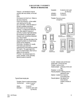 FAR EASTERN UN IVERSITY
HISTORY OF ARCHITECTURE
FEU – ALE Review
acdv
9
TEMPLES – not intended for internal
worship; altar was outside, on the east
front
Parts:
COLONNADE (OR PERISTYLE) - Refers to
the rows of columns
PORCH (OR PRONAOS) - a three walled
room opening into the cella.
CELLA (OR NAOS) - where the statue of
the god or goddess was placed
REAR PORCH (OR OPISTHODOMOS OR
EPINAOS) - is a false porch behind the
cella, often added for reasons of
symmetry. Its place might alternatively
be occupied by an enclosed adytum
(treasure room, sometimes interpreted
as a "holy of holies”
STEREOBATE -the lower two steps of the
stepped foundation of a Greek temple
(known as the crepidoma)
CREPIDOMA - the platform of, usually,
three levels upon which the
superstructure of the building is erected
STYLOBATE - The upper step of the
base of a Greek temple, which forms a
platform for the columns
PTEROMA - the enclosed space of a
portico, peristyle, or stoa, generally
behind a screen of columns.
Typical Greek temple plan
Temples: Column number terminology:
Technical term number of columns
at front
distyle - 2 columns
tetrastyle - 4 columns, term used
by Vitruvius
hexastyle - 6 columns, term used
by Vitruvius
octastyle - 8 columns
decastyle - 10 columns
Temples: Planned by column
arrangement
In-antis – between anta and the front
Amphi-antis – at front and rear
Prostyle – portico at front
Amphi-prostyle – porticoes at front and
rear
Peripteral – on all sides
Pseudo-peripteral – flanking columns
attached to naos
Dipteral – double line of columns
surrounding naos
Pseudo-dipteral – like dipteral, but
inner columns
omitted on flanks on
naos.
 