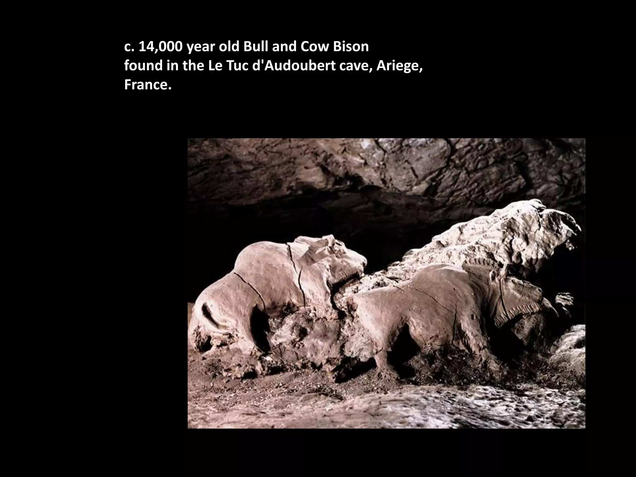 c. 14,000 year old Bull and Cow Bisonfound in the Le Tuc d'Audoubert cave, Ariege, France.
