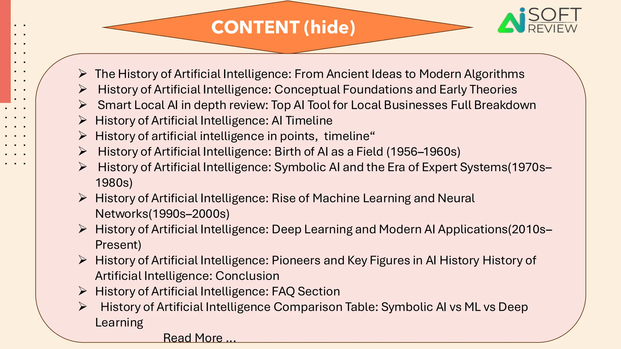 CONTENT (hide)
➢ The History of Artificial Intelligence: From Ancient Ideas to Modern Algorithms
➢ History of Artificial Intelligence: Conceptual Foundations and Early Theories
➢ Smart Local AI in depth review: Top AI Tool for Local Businesses Full Breakdown
➢ History of Artificial Intelligence: AI Timeline
➢ History of artificial intelligence in points, timeline“
➢ History of Artificial Intelligence: Birth of AI as a Field (1956–1960s)
➢ History of Artificial Intelligence: Symbolic AI and the Era of Expert Systems(1970s–
1980s)
➢ History of Artificial Intelligence: Rise of Machine Learning and Neural
Networks(1990s–2000s)
➢ History of Artificial Intelligence: Deep Learning and Modern AI Applications(2010s–
Present)
➢ History of Artificial Intelligence: Pioneers and Key Figures in AI History History of
Artificial Intelligence: Conclusion
➢ History of Artificial Intelligence: FAQ Section
➢ History of Artificial Intelligence Comparison Table: Symbolic AI vs ML vs Deep
Learning
Read More ...
 