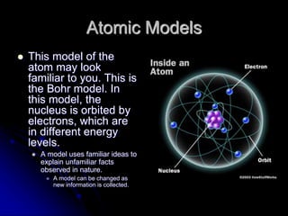 Atomic Models
 This model of the
atom may look
familiar to you. This is
the Bohr model. In
this model, the
nucleus is orbited by
electrons, which are
in different energy
levels.
 A model uses familiar ideas to
explain unfamiliar facts
observed in nature.
 A model can be changed as
new information is collected.
 