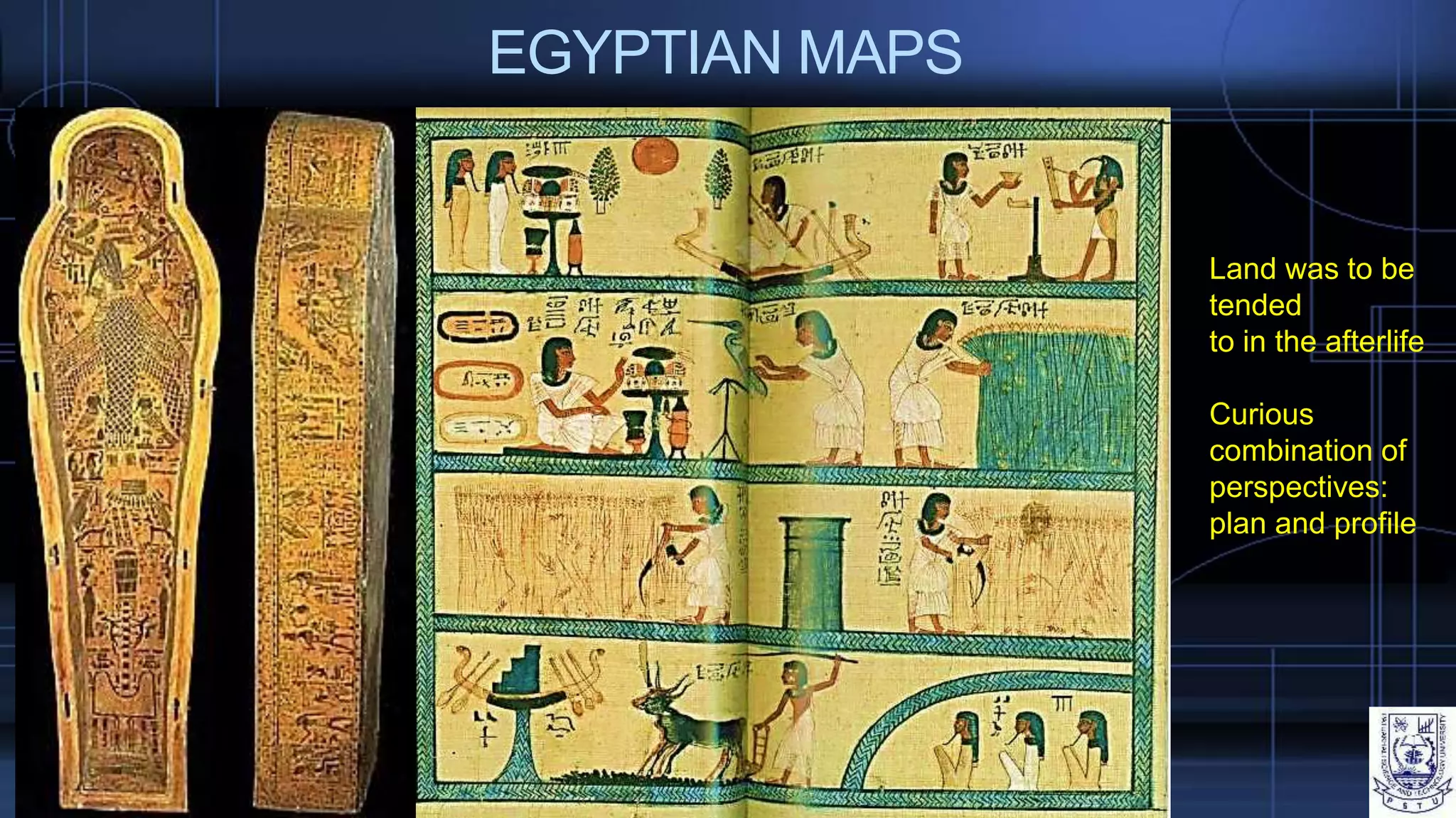 EGYPTIAN MAPS
Land was to be
tended
to in the afterlife
Curious
combination of
perspectives:
plan and profile
 