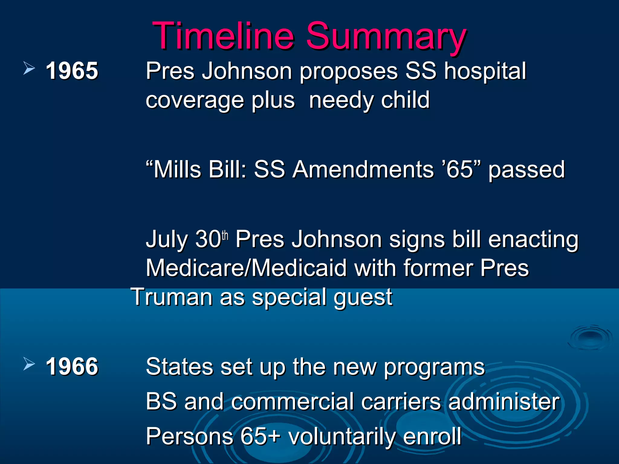Timeline SummaryTimeline Summary
 19651965 Pres Johnson proposes SS hospitalPres Johnson proposes SS hospital
coverage plus needy childcoverage plus needy child
““Mills Bill: SS Amendments ’65” passedMills Bill: SS Amendments ’65” passed
July 30July 30thth
Pres Johnson signs bill enactingPres Johnson signs bill enacting
Medicare/Medicaid with former PresMedicare/Medicaid with former Pres
Truman as special guestTruman as special guest
 19661966 States set up the new programsStates set up the new programs
BS and commercial carriers administerBS and commercial carriers administer
Persons 65+ voluntarily enrollPersons 65+ voluntarily enroll
 