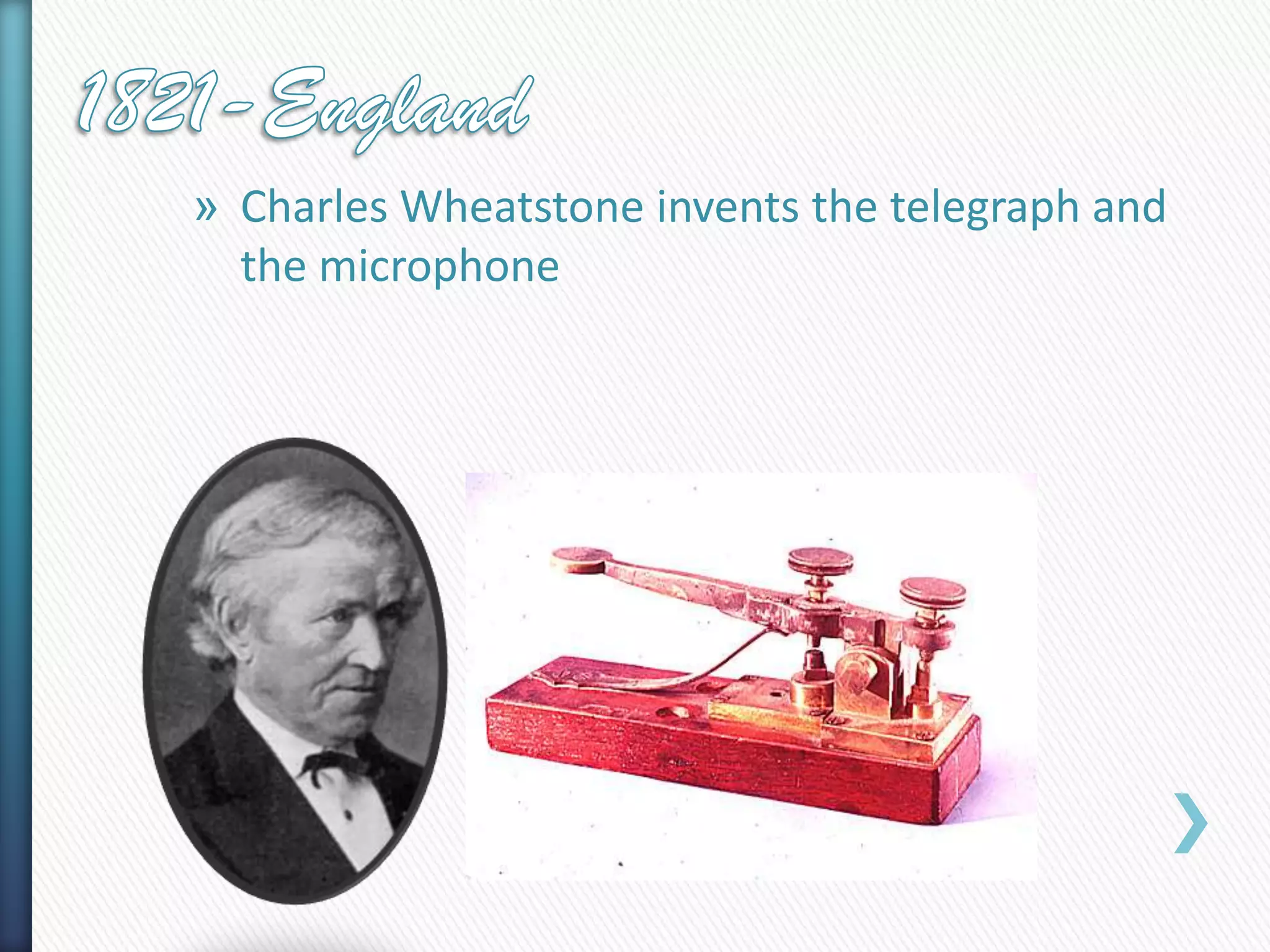 » Charles Wheatstone invents the telegraph and
the microphone