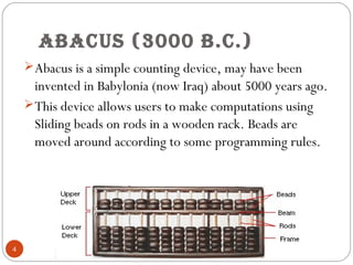 ABACUS (3000 B.C.)
Abacus is a simple counting device, may have been
invented in Babylonia (now Iraq) about 5000 years ag...