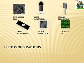 HISTORYOF COMPUTERS
MECHANICAL
ERA
FIRST
GENERATION
SECOND
GENERATION
THIRD
GENERATION
FOURTH
GENERATION
SOURCE
S
 