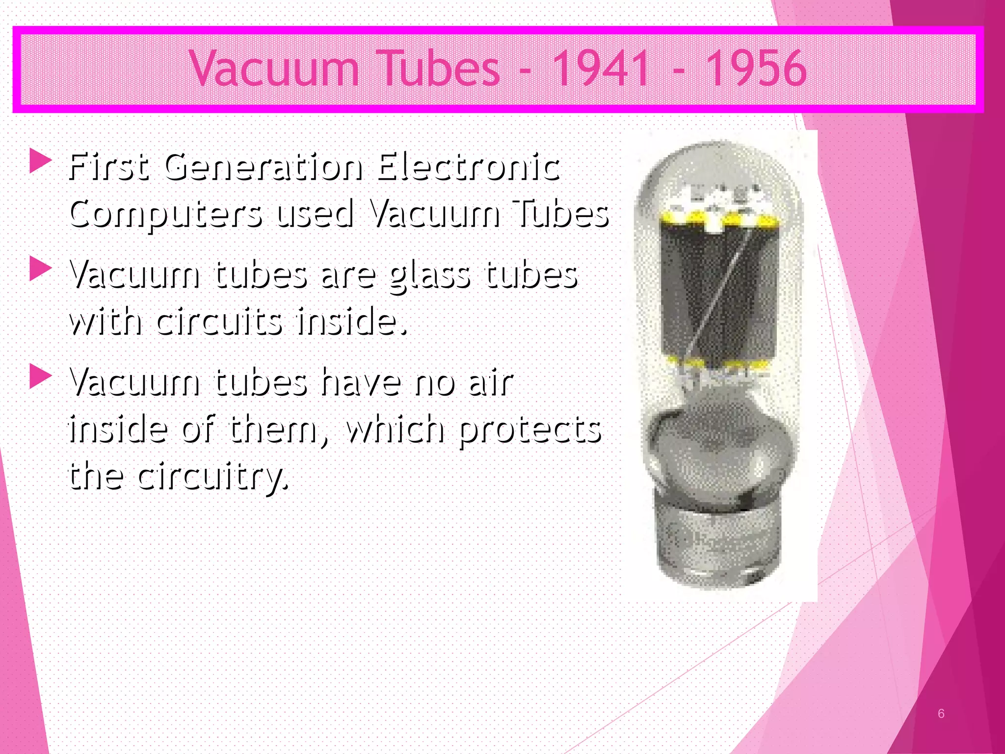 Vacuum Tubes - 1941 - 1956
 First Generation ElectronicFirst Generation Electronic
ComputersComputers used Vacuum Tubesused Vacuum Tubes
 Vacuum tubes are glass tubesVacuum tubes are glass tubes
with circuits inside.with circuits inside.
 Vacuum tubes have no airVacuum tubes have no air
inside of them, which protectsinside of them, which protects
the circuitry.the circuitry.
6
 