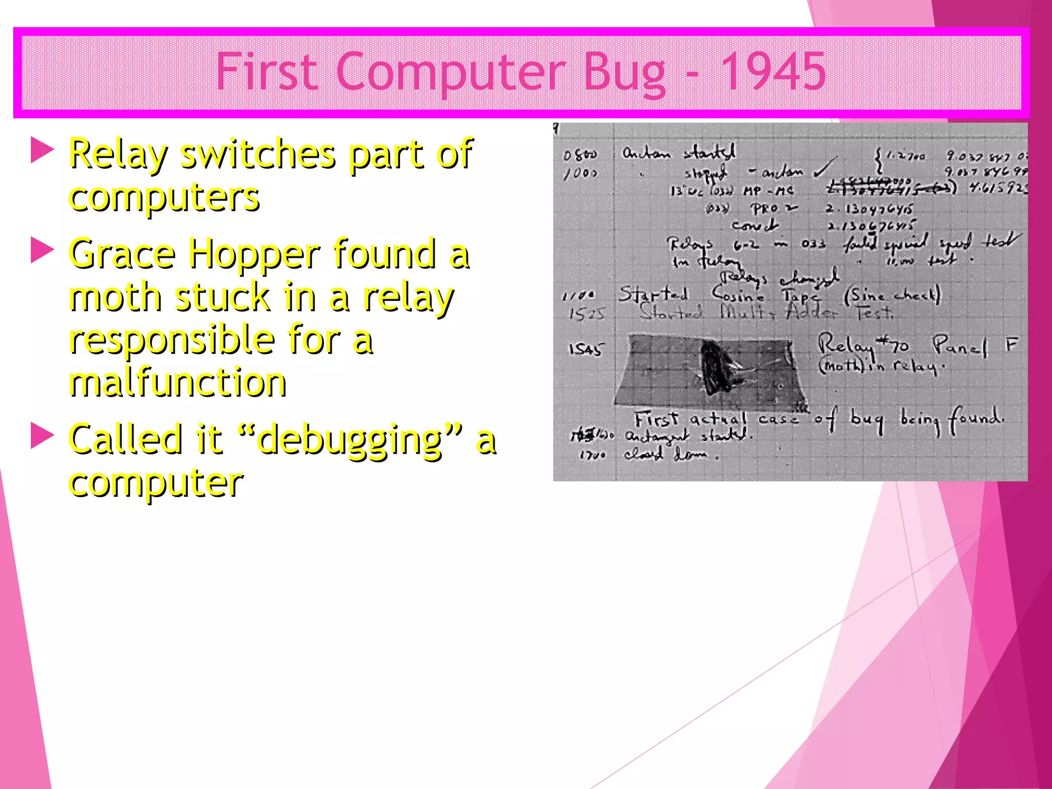 First Computer Bug - 1945
 Relay switches part ofRelay switches part of
computerscomputers
 Grace Hopper found aGrace Hopper found a
moth stuck in a relaymoth stuck in a relay
responsible for aresponsible for a
malfunctionmalfunction
 Called it “debugging” aCalled it “debugging” a
computercomputer
 