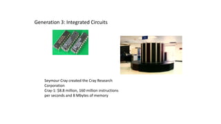 Generation 3: Integrated Circuits
Seymour Cray created the Cray Research
Corporation
Cray-1: $8.8 million, 160 million instructions
per seconds and 8 Mbytes of memory
 