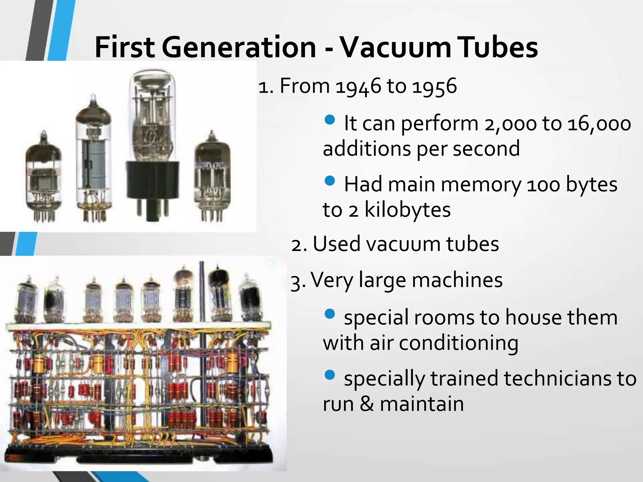 First Generation -VacuumTubes
1. From 1946 to 1956
• It can perform 2,000 to 16,000
additions per second
• Had main memory 100 bytes
to 2 kilobytes
2. Used vacuum tubes
3.Very large machines
• special rooms to house them
with air conditioning
• specially trained technicians to
run & maintain
 