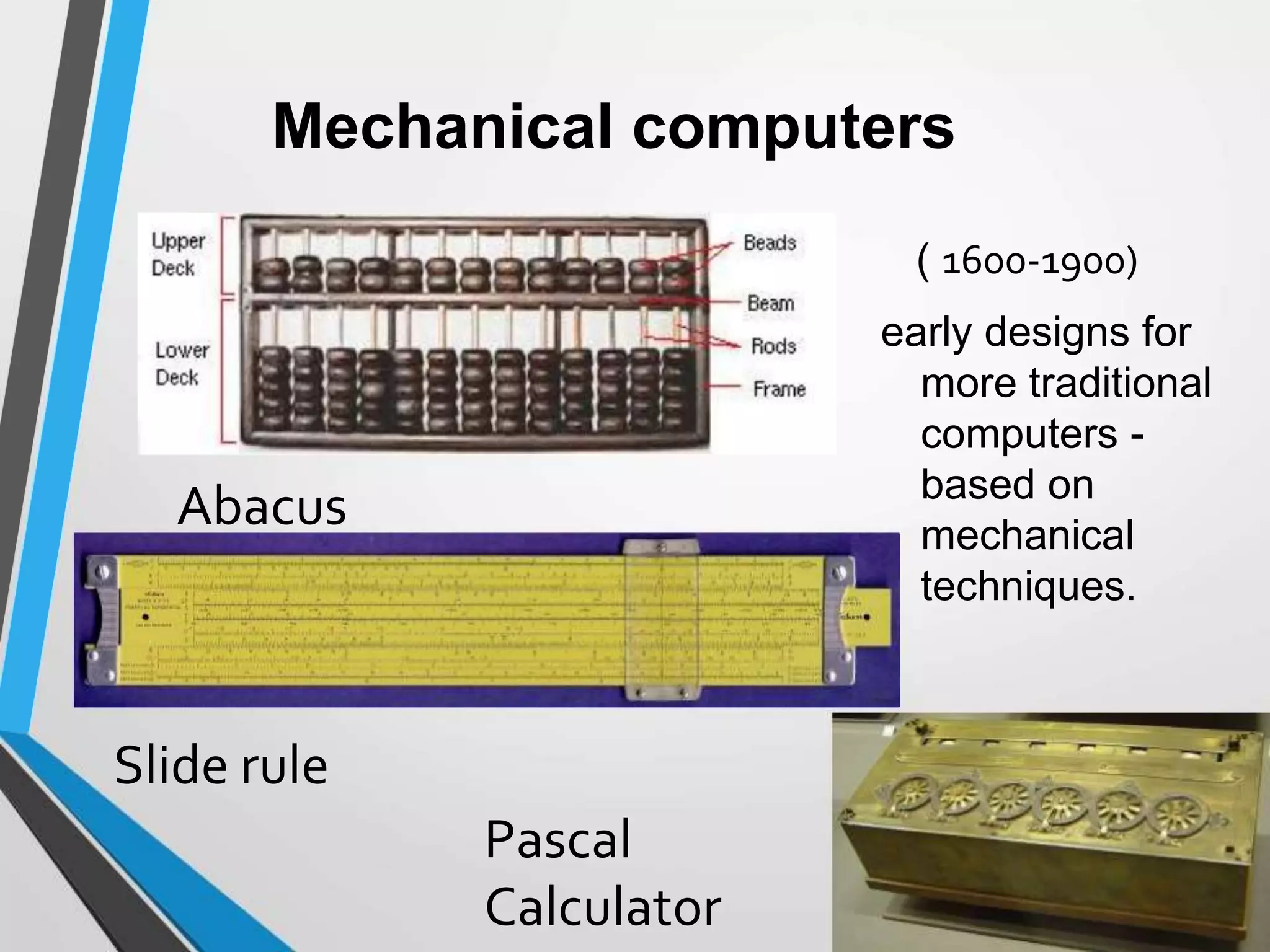 Mechanical computers
( 1600-1900)
early designs for
more traditional
computers -
Abacus based on
mechanical
techniques.
Slide rule
Pascal
Calculator
 